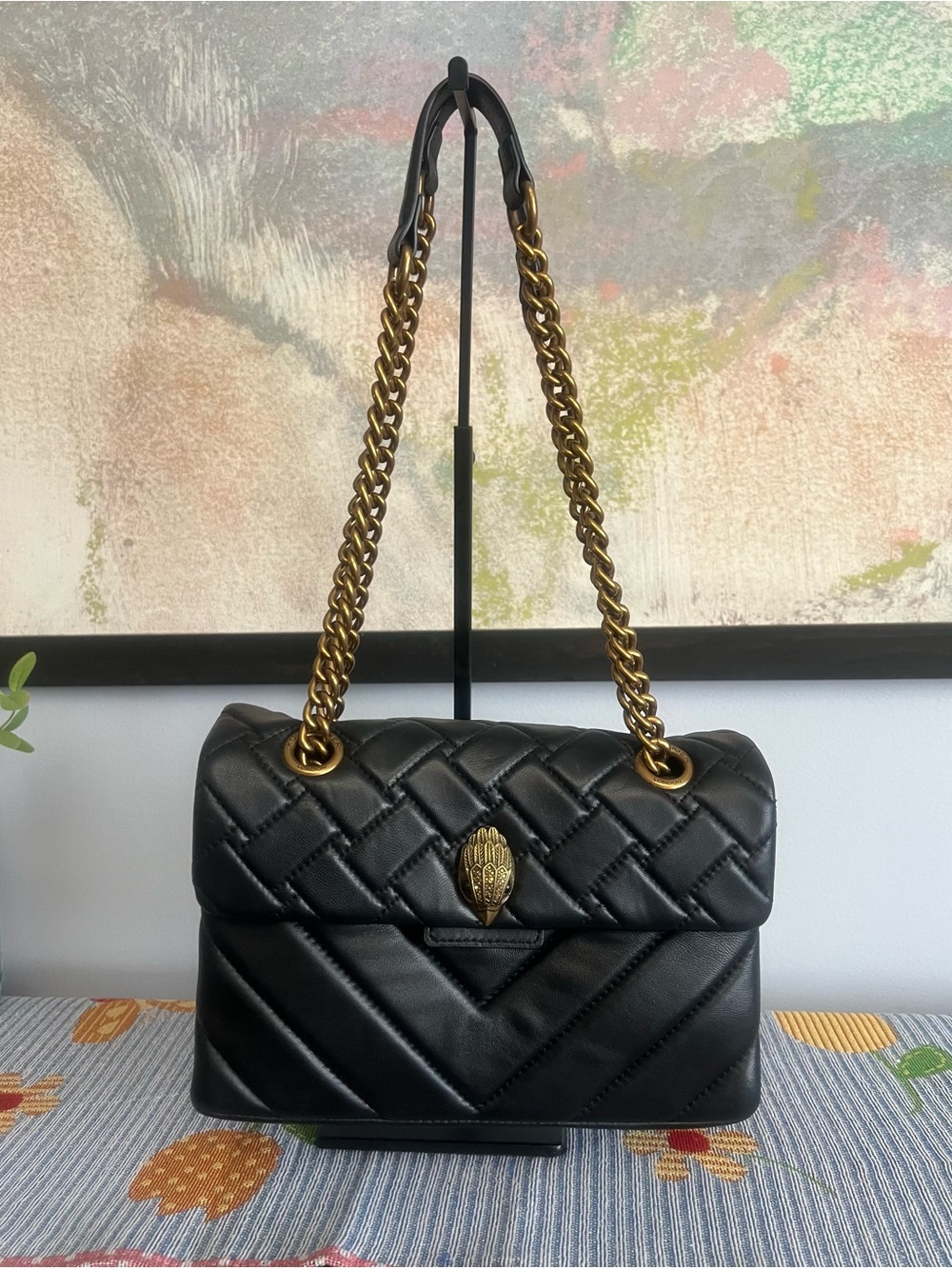 Kurt Geiger Kensington Black Quilted Shoulder Bag with Gold Chain - Picture 1 of 14